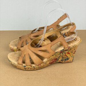 boc Strappy Leather Wedge Sandals Womens 10 Tan Slingback Buckle Adjustable